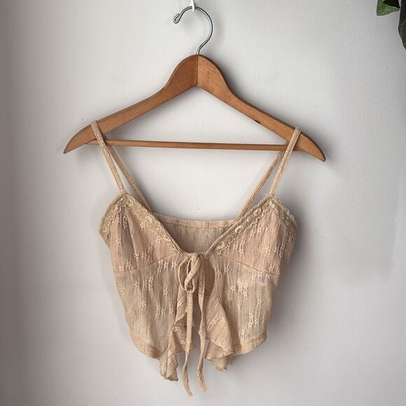 Lace Tie Front Beige Tan Cropped Spaghetti Strap Semi Sheer Tank Top - Picture 3 of 6